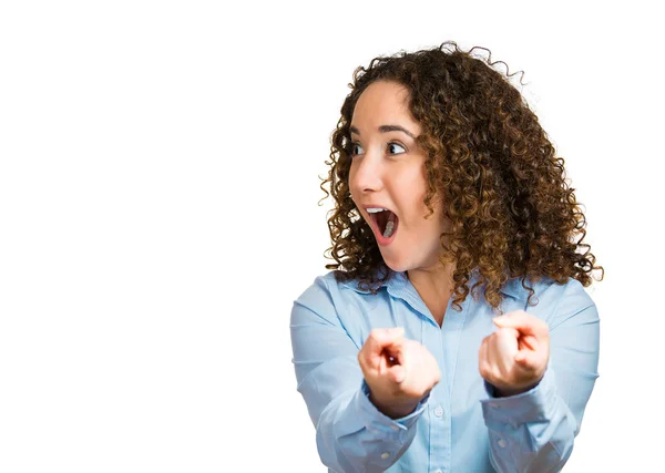 Happy surprised woman pointing — Stock Photo, Image