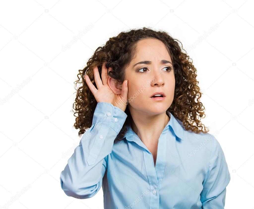 Shocked nosy woman hand to ear gesture