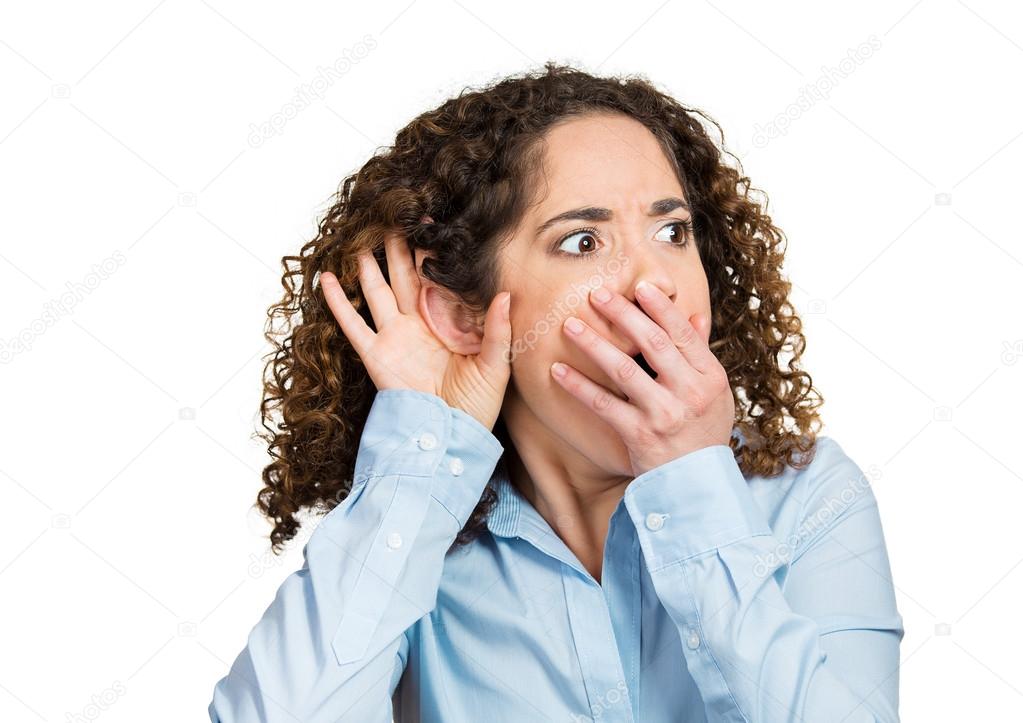 Shocked nosy woman hand to ear gesture