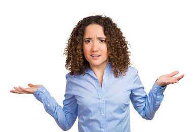 Unhappy young woman with arms out asking what is problem so what clipart