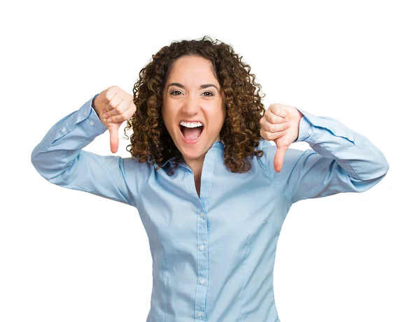 Young woman showing thumbs down, happy someone failed — Stock Photo, Image