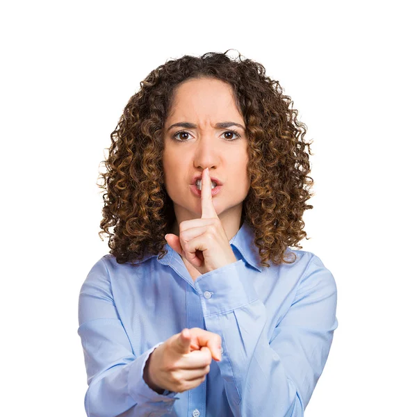 Woman placing finger hand on lips, shhh gesture, be quiet — Stock Photo, Image