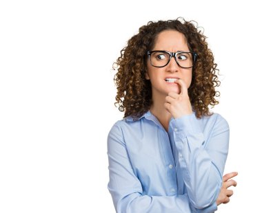 Nervous woman with glasses biting her fingernails clipart