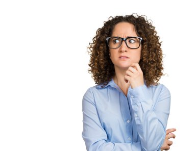 Nervous woman with glasses biting her fingernails clipart