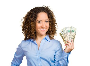 Mutlu başarılı genç iş kadını para para tutan heyecanlı