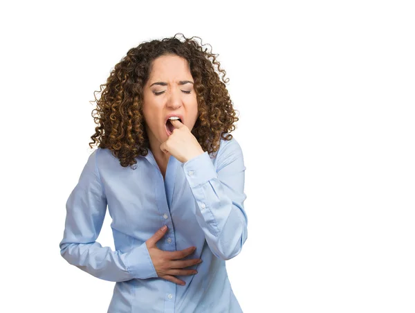 Mulher, irritada farta de enfiar o dedo na garganta — Fotografia de Stock