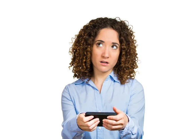 Woman thinking, looking up what to reply to received sms, text message on phone — Stock Photo, Image