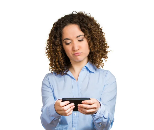 Woman unhappy, annoyed by someone on her cell phone while texting — Stock Photo, Image