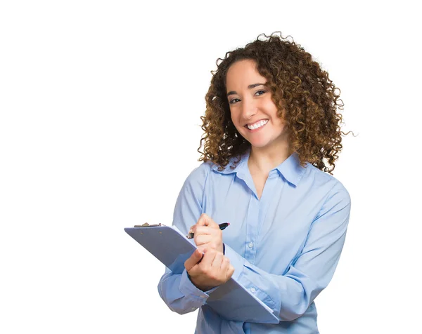 Glimlachende zakenvrouw, professionele schrijven van notities — Stockfoto