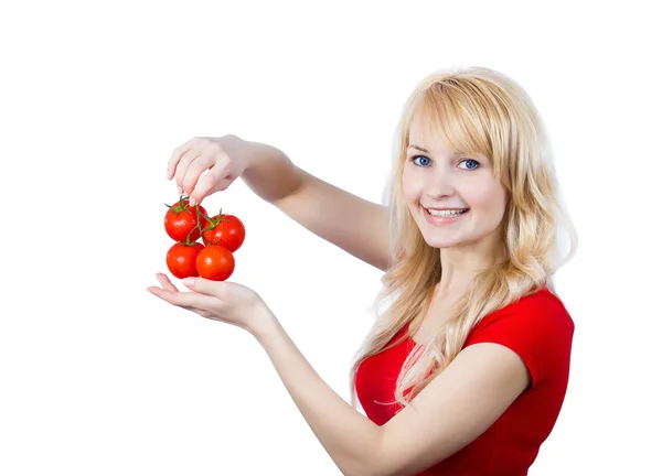 Ragazza felice con pomodori sguardo — Foto Stock