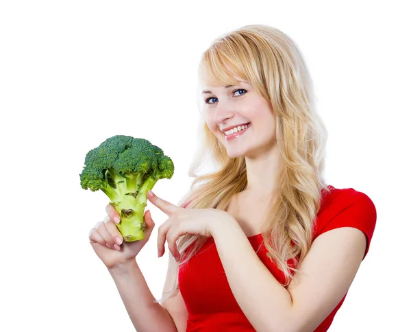 Unga glada kvinna, nutritionist flicka holding grön broccoli — Stockfoto