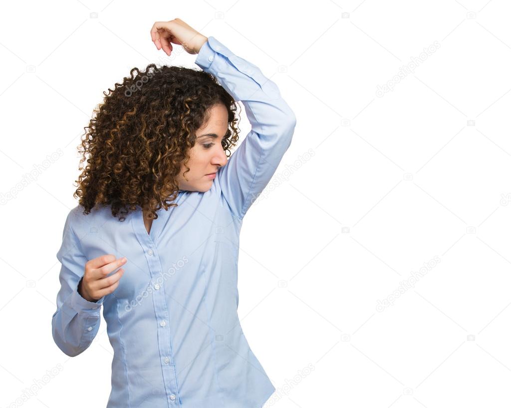 Woman, smelling, sniffing her wet armpit