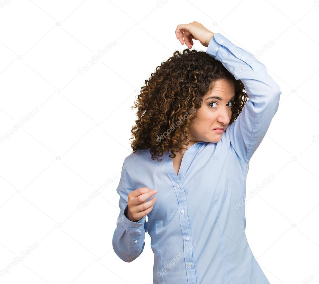 Woman, smelling, sniffing her wet armpit