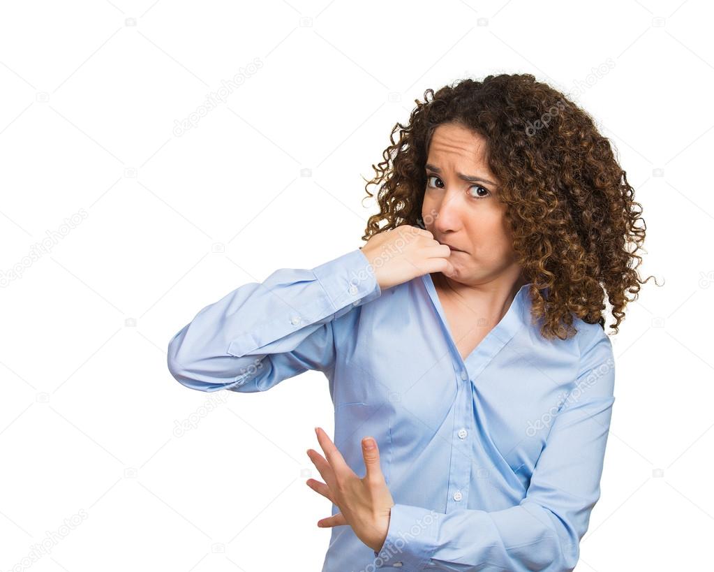 Woman, smelling, sniffing her wet armpit