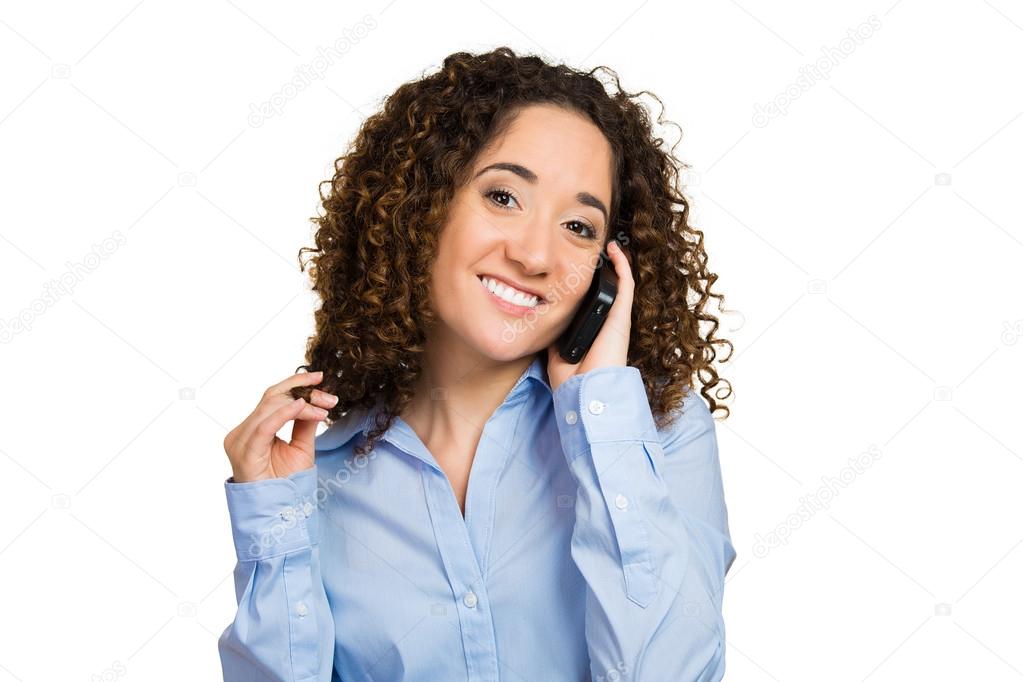 Headshot happy beautiful woman laughing, speaking on cell phone