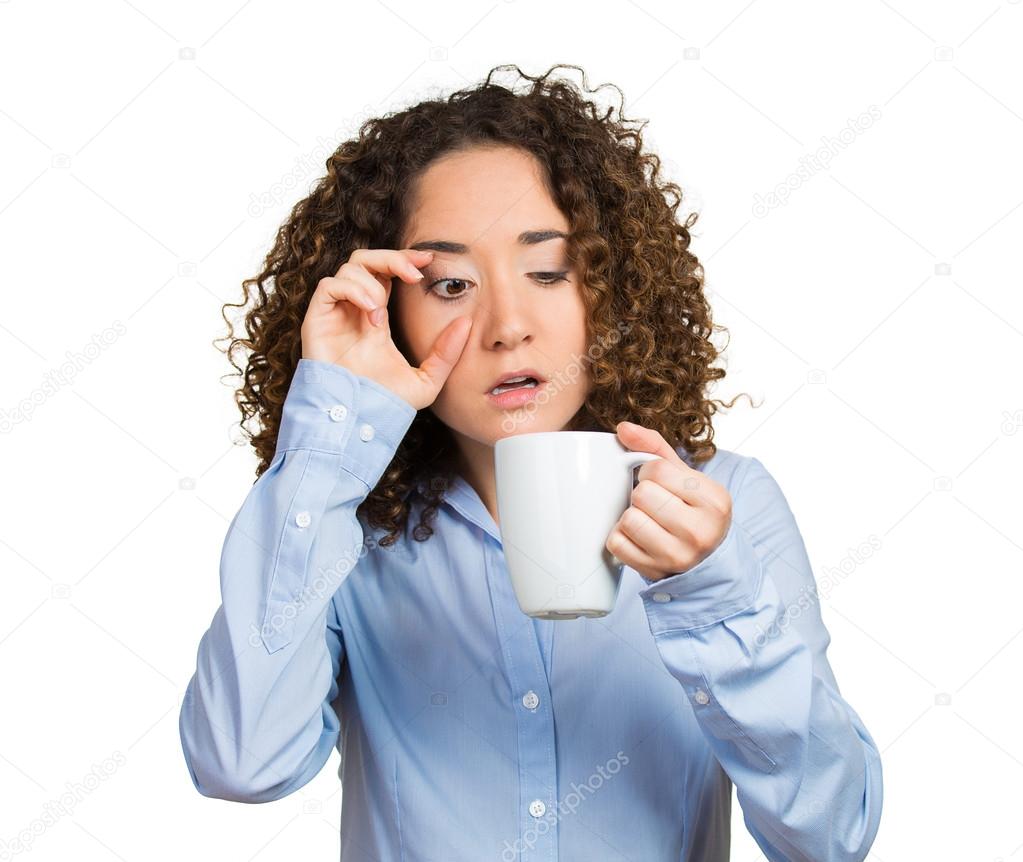 tired, falling asleep woman, employee holding cup of coffee