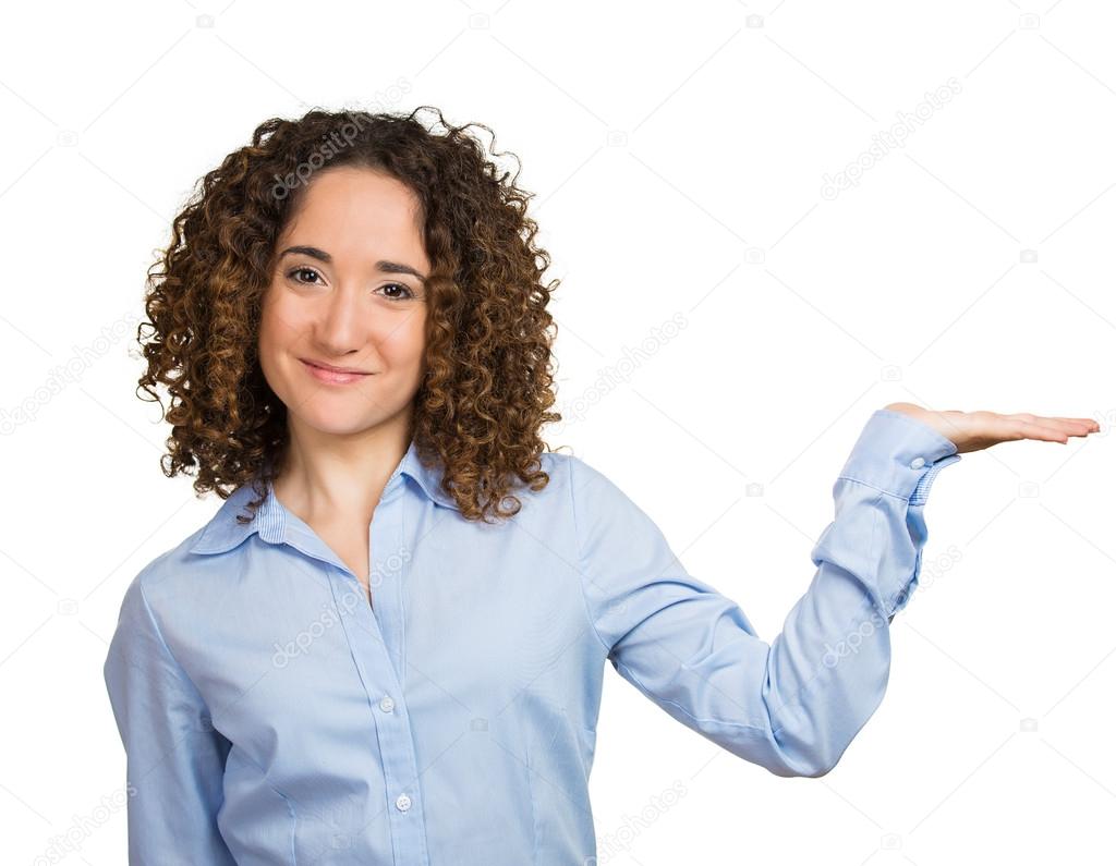Woman pointing presenting at copy space