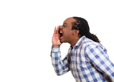 angry upset young man, worker, businessman screaming