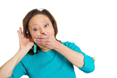 Nosy worried funny senior mature woman, hand to ear, trying to listen eavesdropping clipart