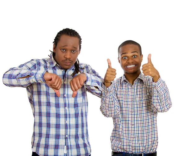 Two men angry giving thumbs down, optimistic giving thumbs up — Stock Photo, Image