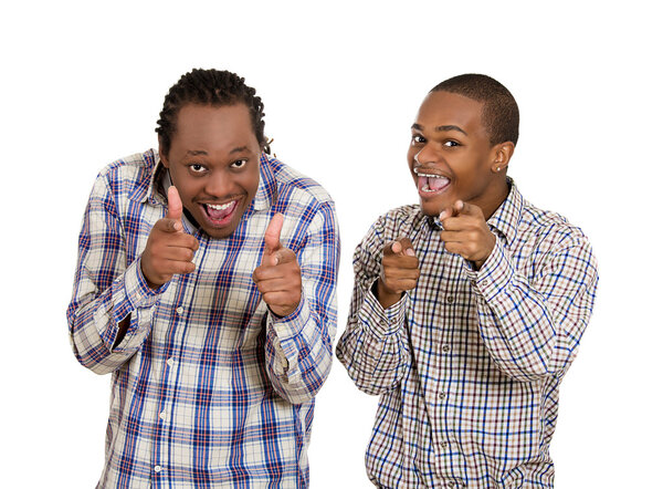 Two cool men showing two hands guns sign gesture