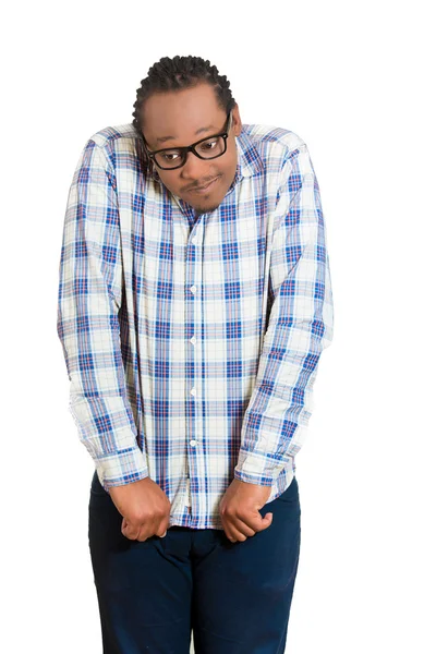 Nerdy guy in glasses. Awkward situation — Stock Photo, Image