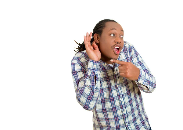 Curious young man listening to conversation news eavesdropping — Stock Photo, Image