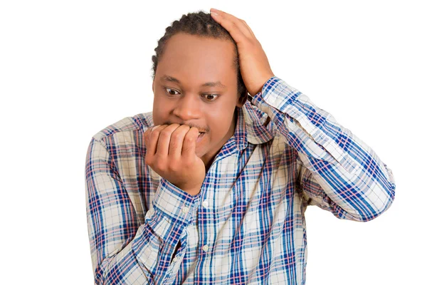 Scared stressed worried anxious looking man biting nails — Stock Photo, Image