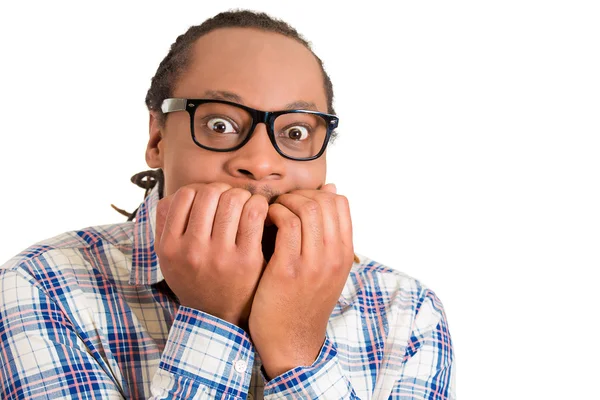 Scared stressed worried anxious looking man biting nails — Stock Photo, Image