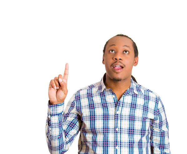 Man has an idea, pointing with finger up — Stock Photo, Image