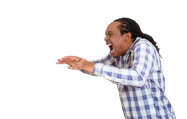 Angry man with hand raised open mouth yelling — Stock Photo, Image