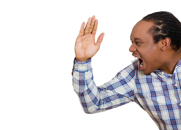 Angry man with hand raised open mouth yelling — Stock Photo, Image