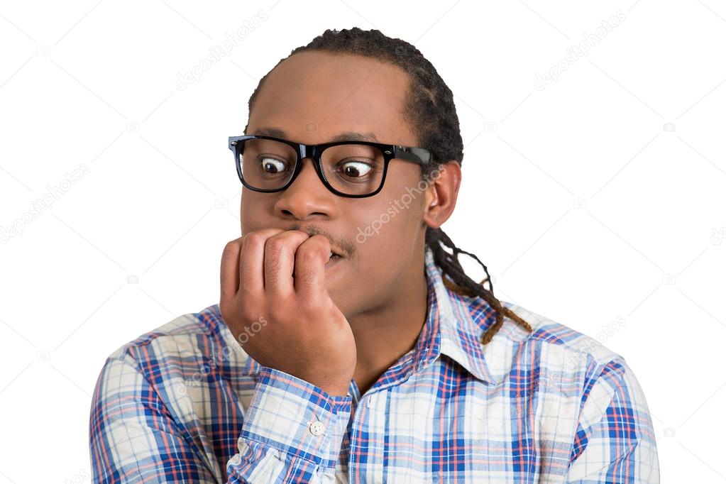 headshot scared stressed worried, Anxious man Biting Nails