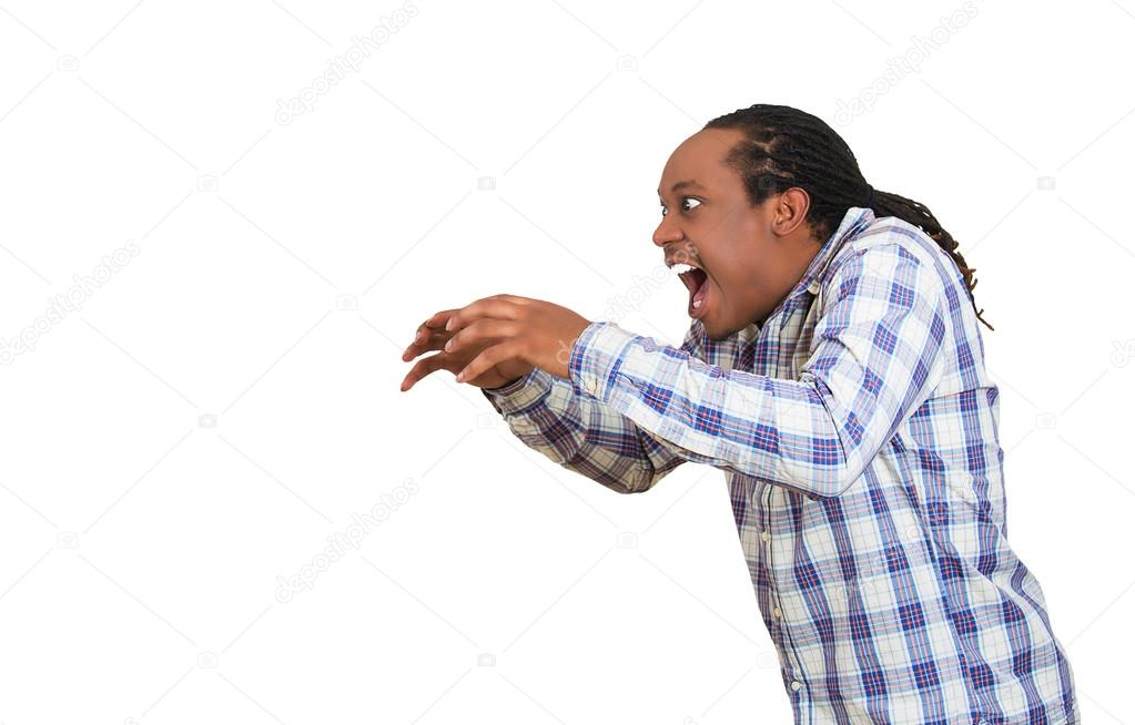 Angry man with hand raised open mouth yelling