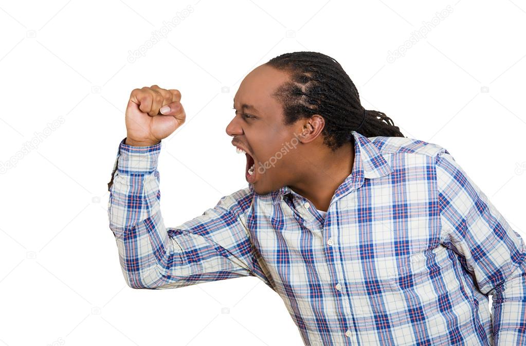 Angry man with hand raised open mouth yelling