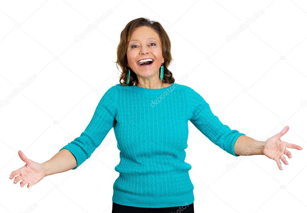 Elderly, smiling, happy excited woman with raised up palms, arms at you