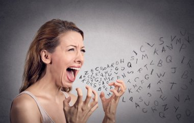 angry woman screaming, alphabet letters coming out of mouth clipart
