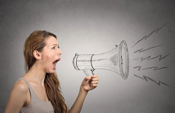 Irritado gritando mulher segurando megafone — Fotografia de Stock