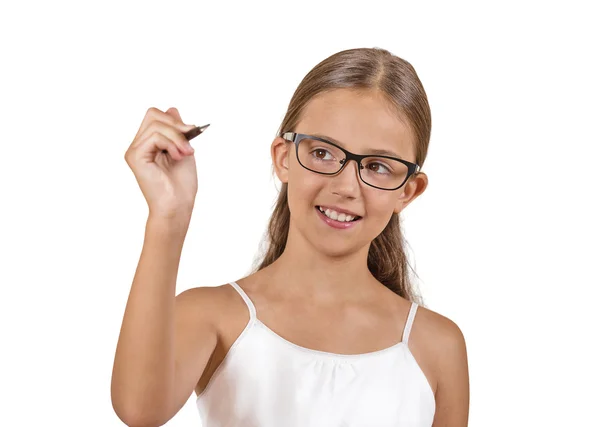 Menina estudante escrevendo com caneta — Fotografia de Stock