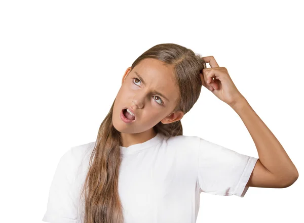 Girl scratching head, thinking remembering — Stock Photo, Image