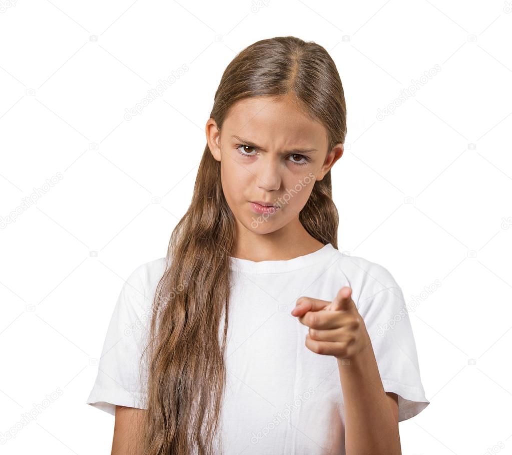 bossy teenager girl pointing finger at someone