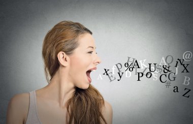 woman talking with alphabet letters coming out of mouth clipart