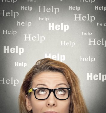 woman with glasses looking up, needs help clipart