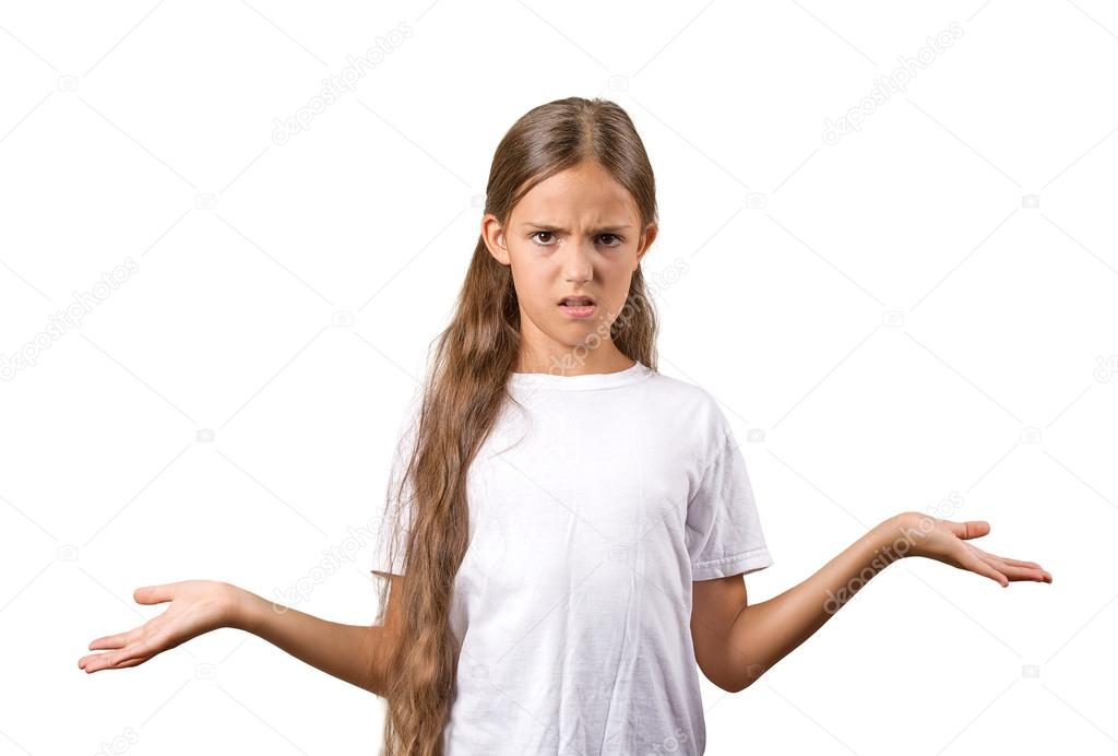 clueless teenager girl shrugs shoulders