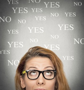 uncertain woman looking up, background with yes no choices clipart