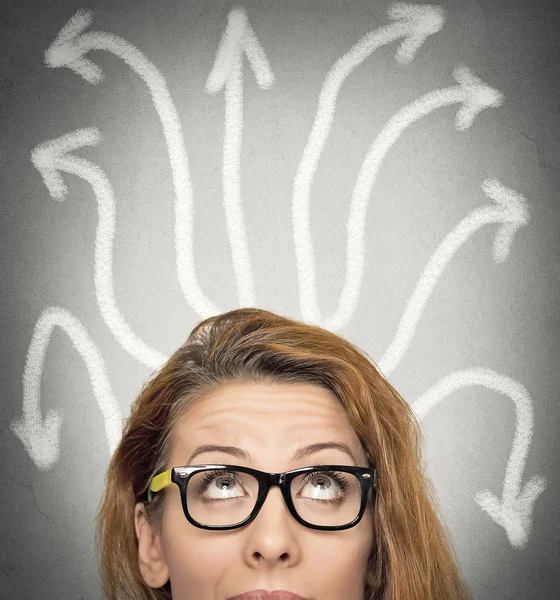 Girl thinking looking for solution uncertain — Stock Photo, Image