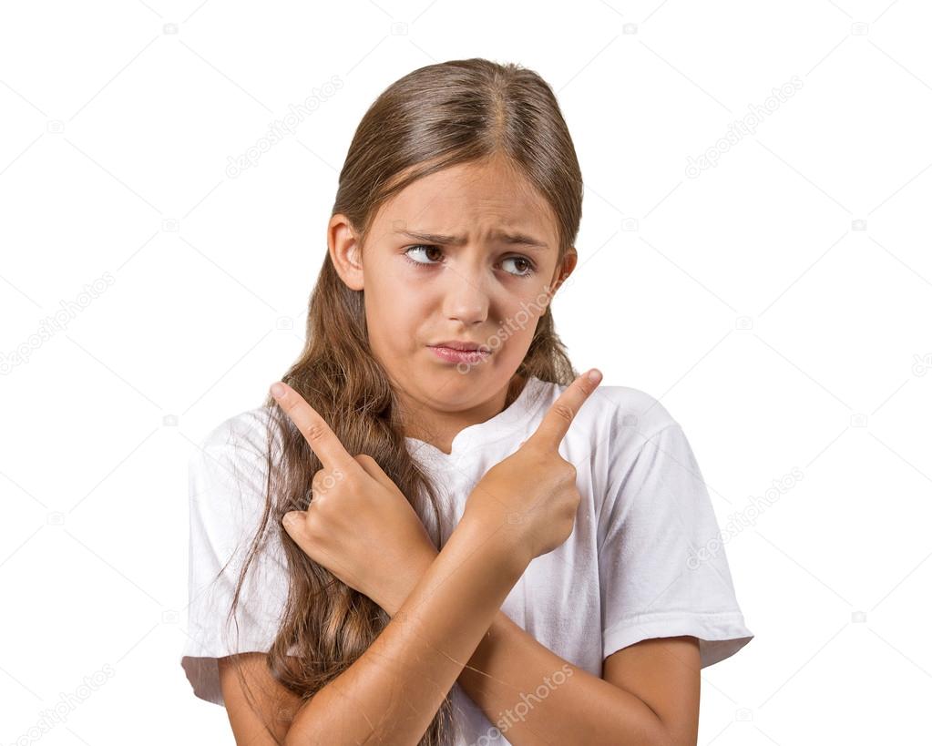 confused teenager girl pointing in two different directions