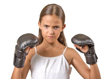teenager girl wearing boxing gloves ready to figh clipart