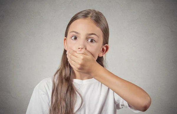 Mädchen schaut überrascht geschockt mit Hand bedeckt Mund — Stockfoto