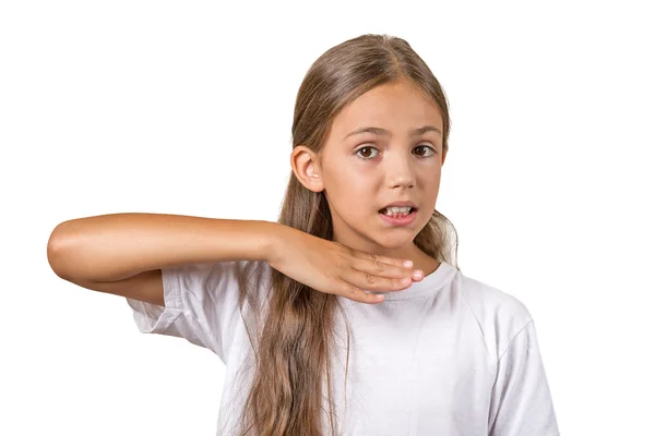 Menina gesticulando com mão parar de falar, cortá-lo — Fotografia de Stock